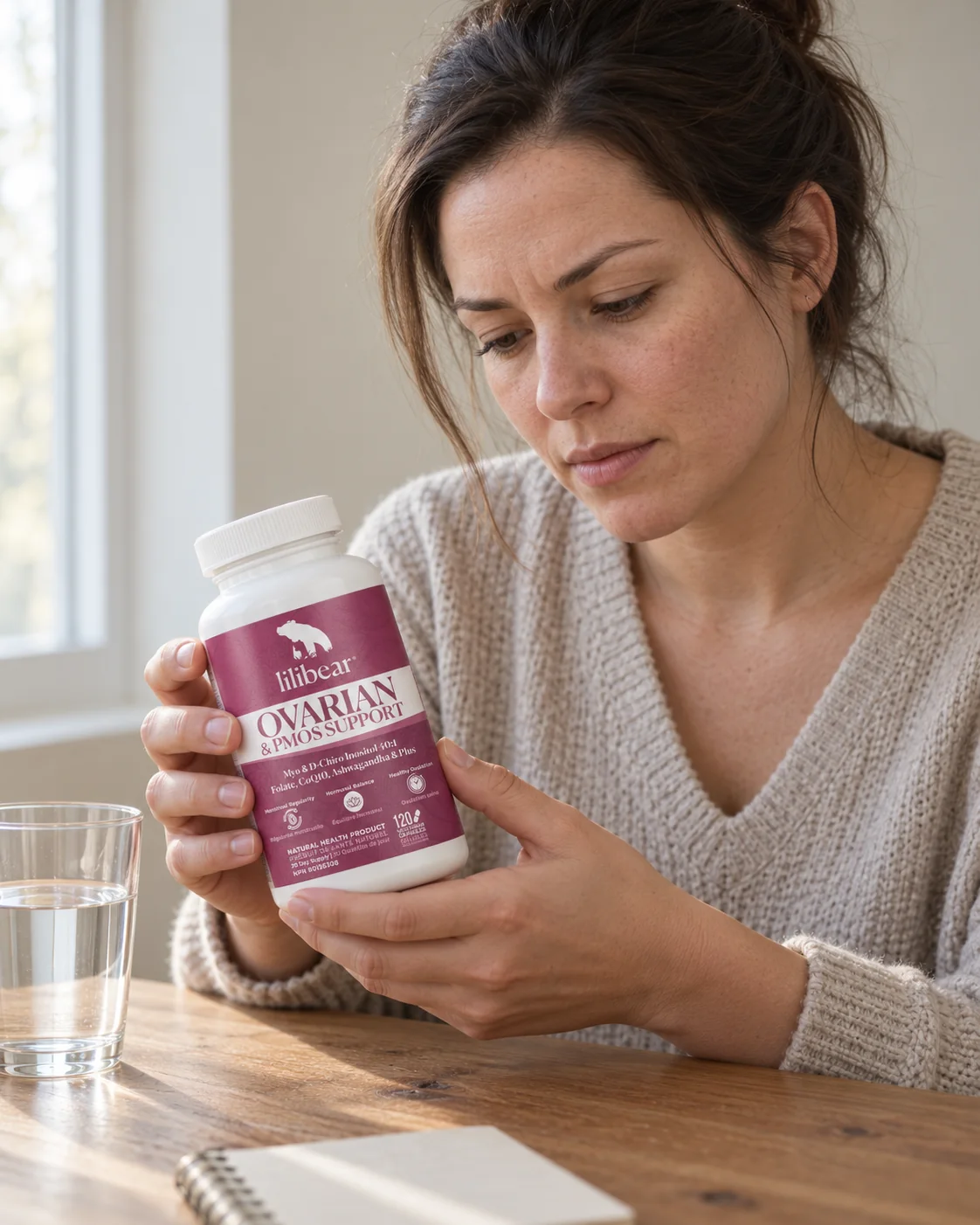 Woman closely reading the Lilibear Ovarian & PMOS Support label, considering her options.