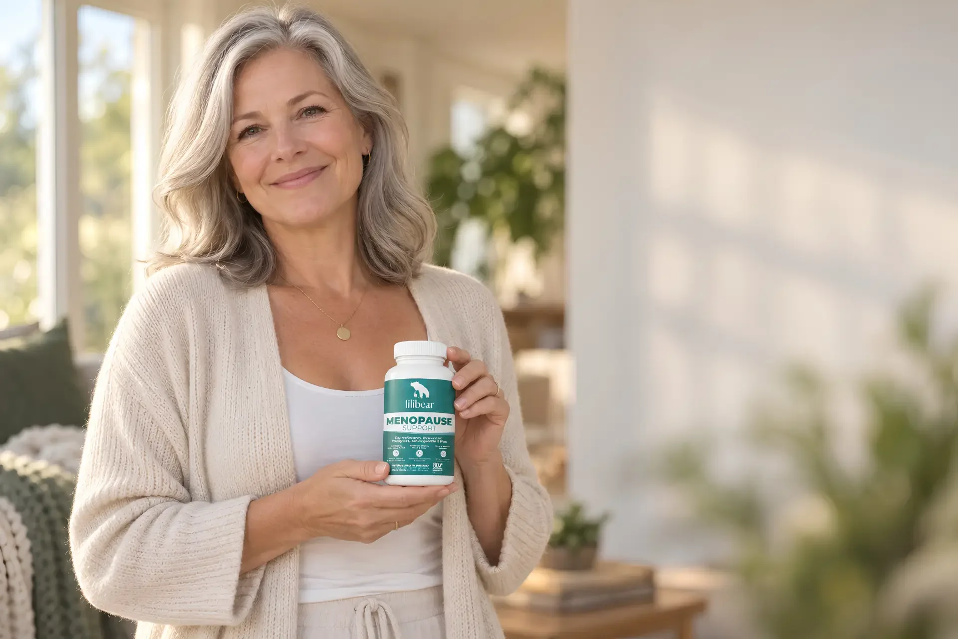 Woman holding Lilibear Menopause Support supplement bottle